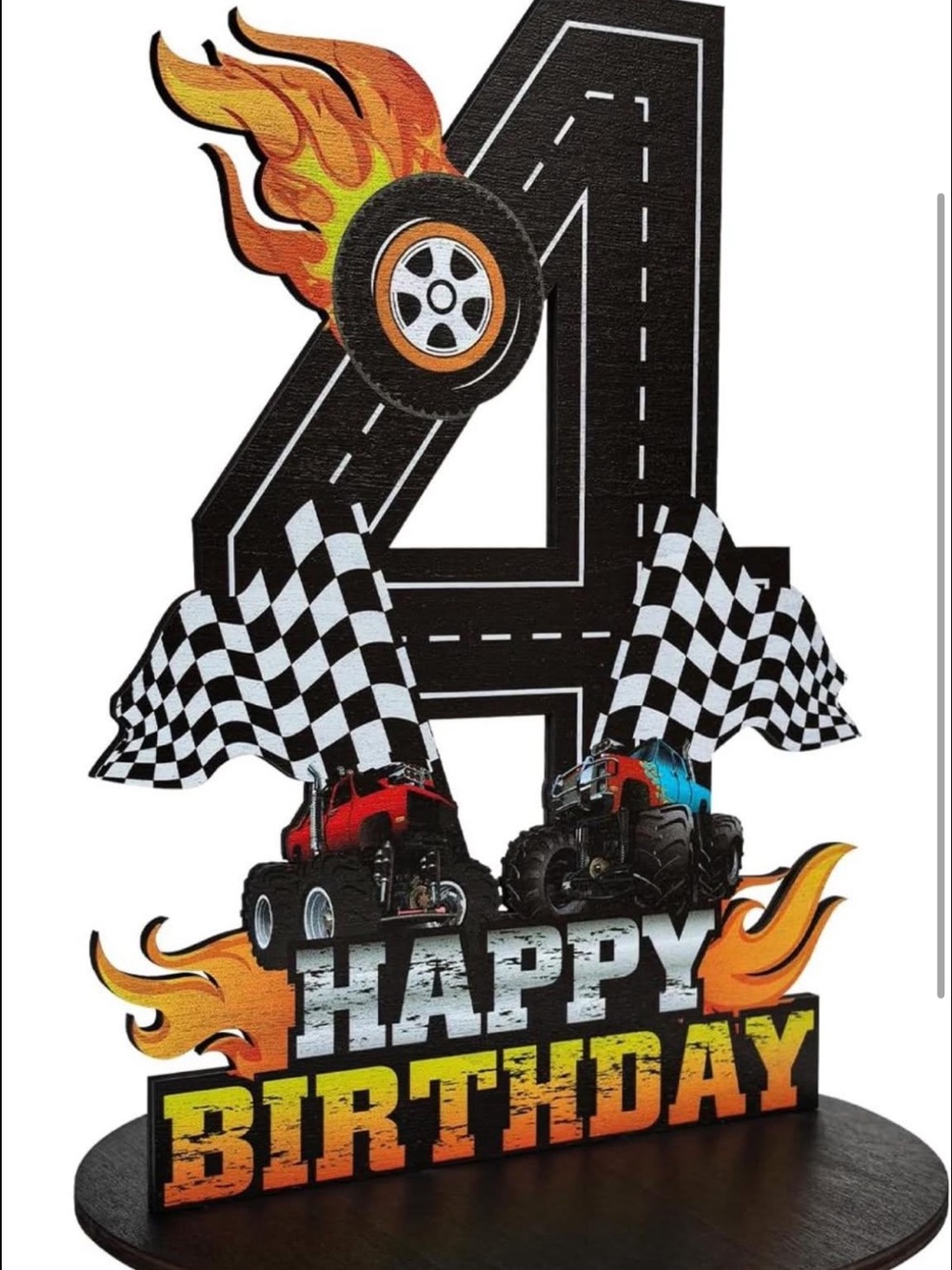 Monster Truck '4' Happy Birthday Tabletop Centerpiece - Black, Orange, Yellow